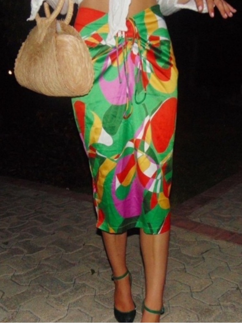 With Jean Naomi Green Geo Print Satin Silk Midi Skirt Resortwear Colorful